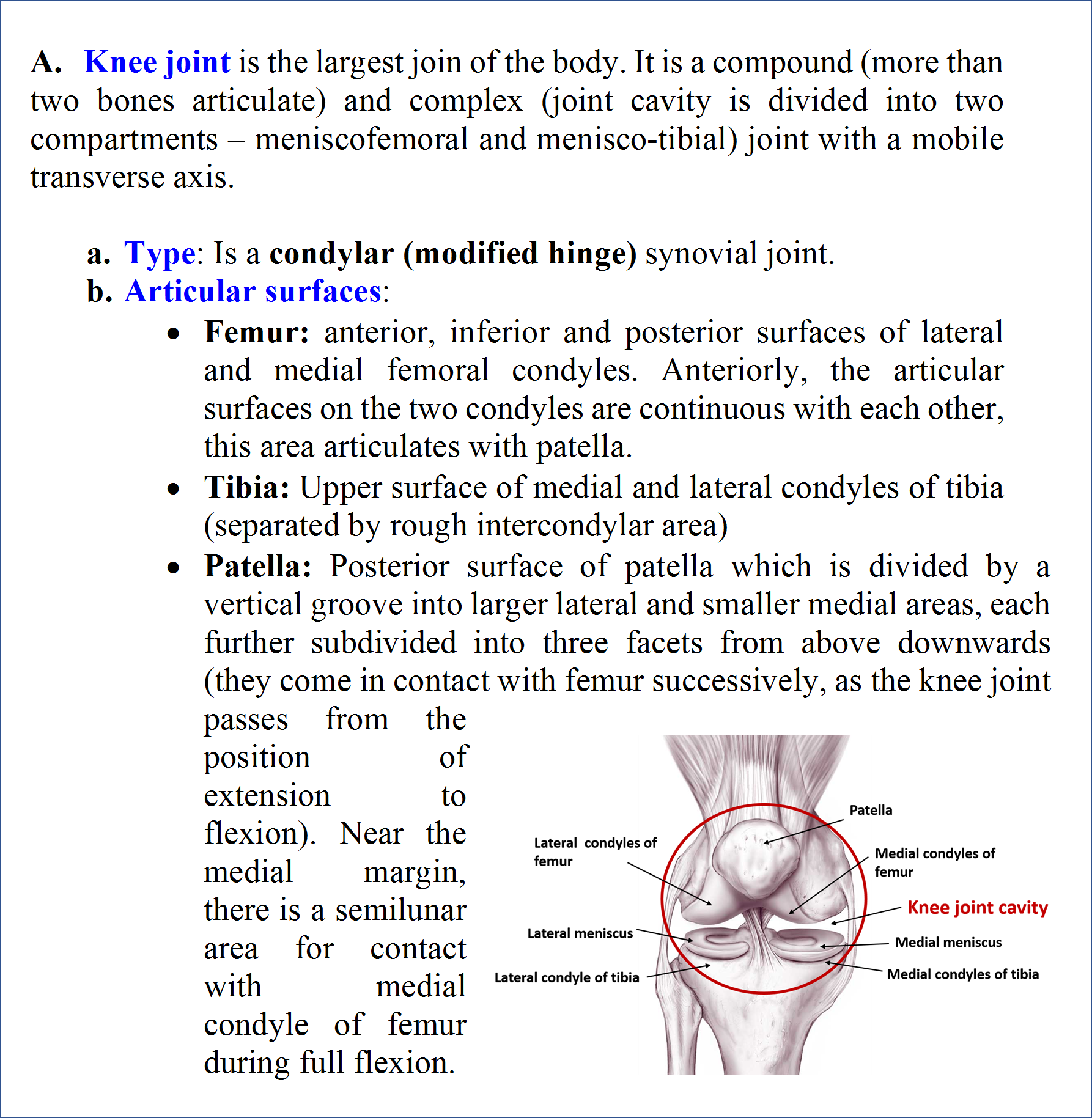 Knee Joint- Type and articular surfaces